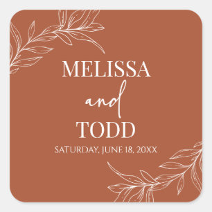 Terracotta Minimal Minimalist Branch Leaf Wedding Square Sticker