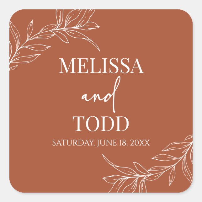 Terracotta Minimal Minimalist Branch Leaf Wedding Square Sticker (Front)