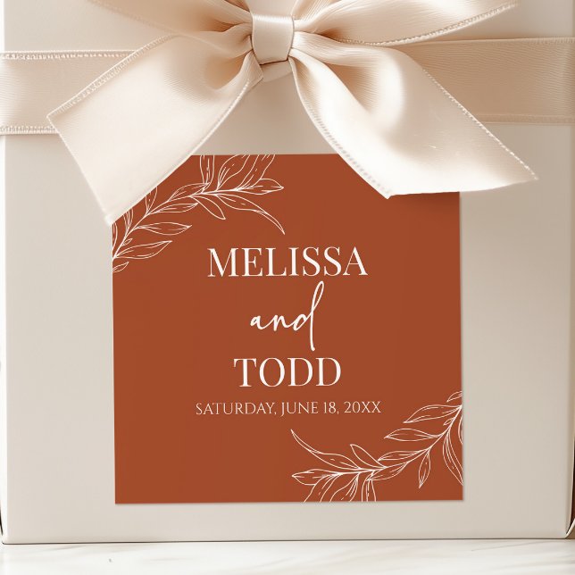 Terracotta Minimal Minimalist Branch Leaf Wedding Square Sticker (Creator Uploaded)