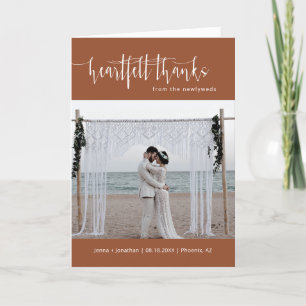 Terracotta Minimal Script Wedding Photo Folded Thank You Card