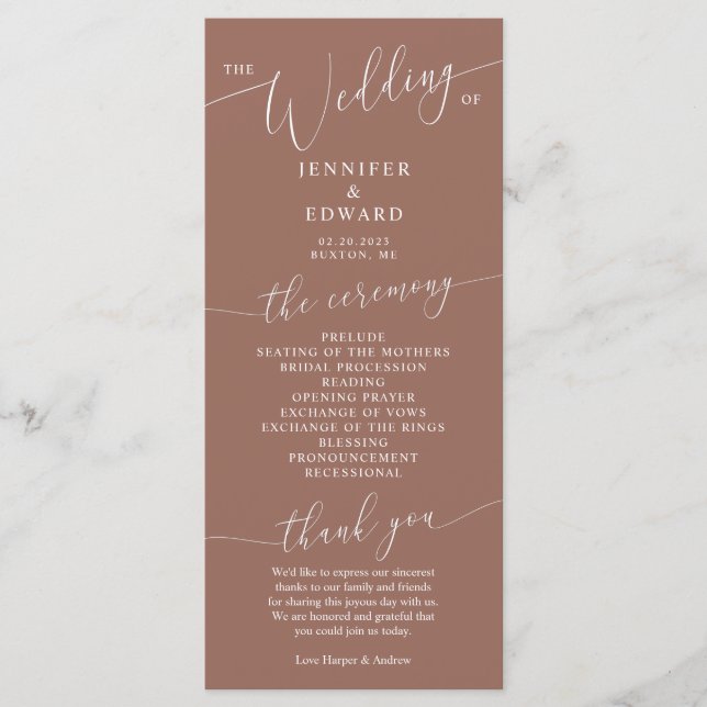 Terracotta Minimal Wedding Ceremony Program Programme (Front)