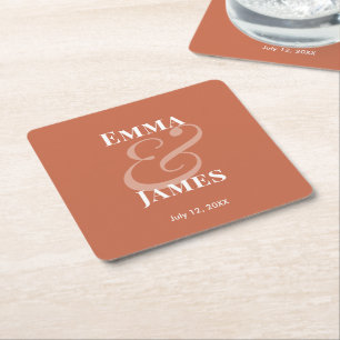 Terracotta Minimalist Ampersand Wedding   Reverse  Square Paper Coaster