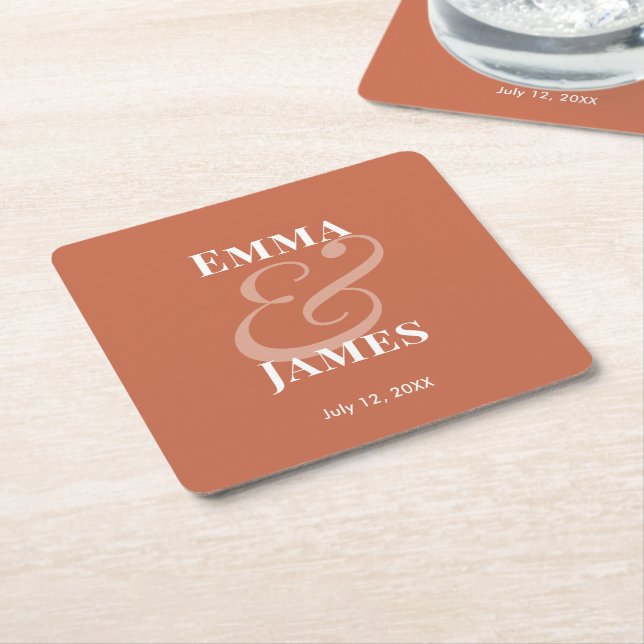 Terracotta Minimalist Ampersand Wedding | Reverse  Square Paper Coaster (Angled)