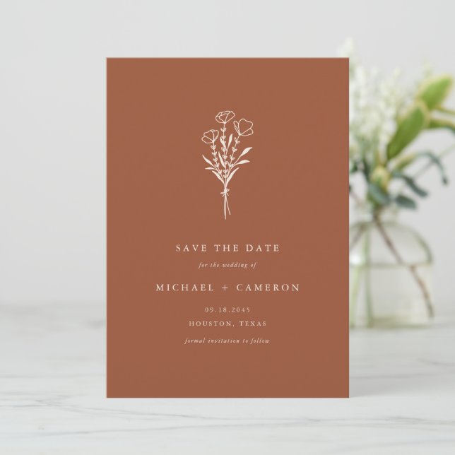 Terracotta Minimalist Botanical Bouquet QR Code Save The Date (Standing Front)