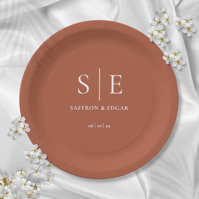 Terracotta Minimalist Chic Monogram Wedding Paper Plate (Terracotta Minimalist Chic Monogram Wedding Paper Plates)