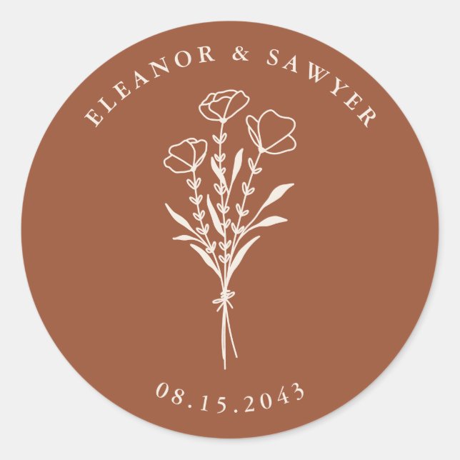 Terracotta Minimalist Floral Bouquet Wedding Classic Round Sticker (Front)