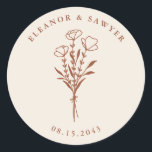Terracotta Minimalist Floral Bouquet Wedding Classic Round Sticker<br><div class="desc">Send thanks with these customisable wedding stickers. It features a minimalist floral bouquet, handwritten script and simple typography. Personalise these minimalist stickers by adding names and date. These floral wedding stickers are perfect for weddings, bridal showers, engagement parties, and so much more. Tailor your botanical wedding stickers to match your...</div>