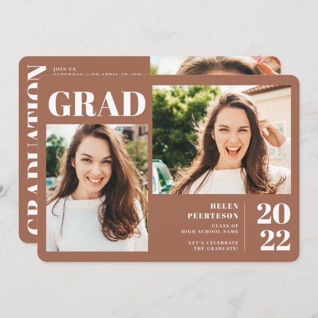 Terracotta minimalist modern 3 photos graduation invitation (Front/Back)