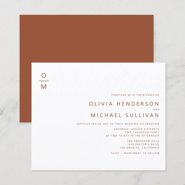 Terracotta Minimalist Monogram Wedding Invitation (Front/Back)