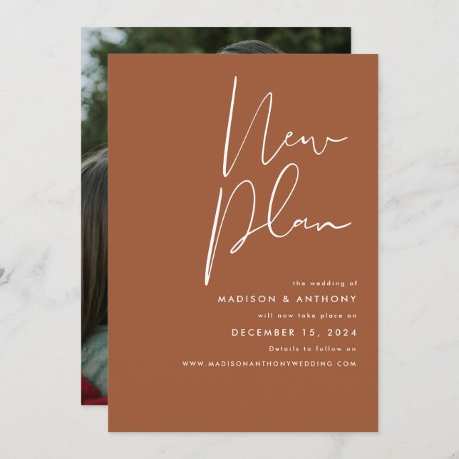 Terracotta Minimalist Photo New Plan Wedding Announcement (Front/Back)