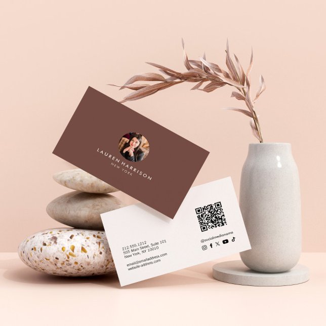 Terracotta Minimalist Photo Qr Code Social Media Business Card (Creator Uploaded)