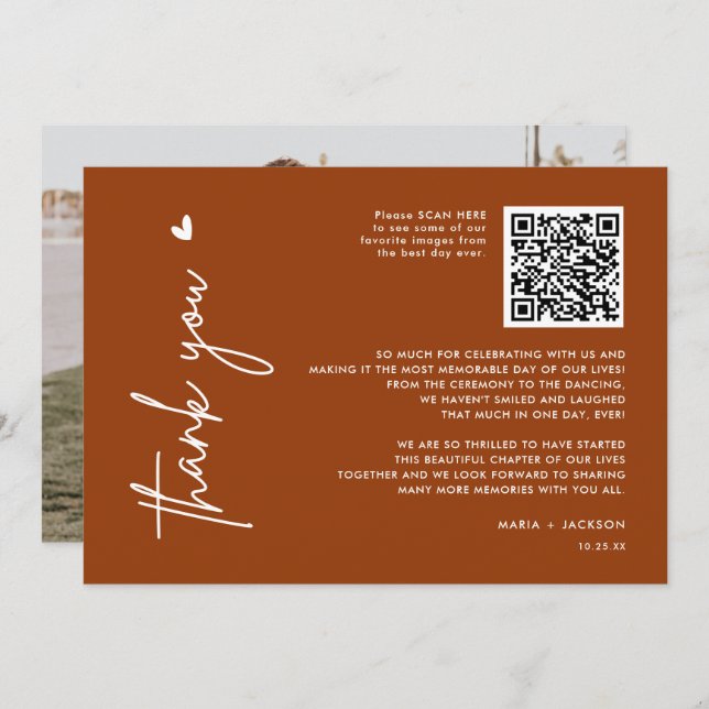 Terracotta Minimalist Photo QR Code Wedding Thank You Card (Front/Back)