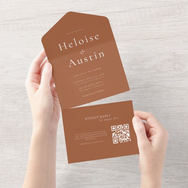 Terracotta Minimalist QR Code All inone invitation (Tearaway)