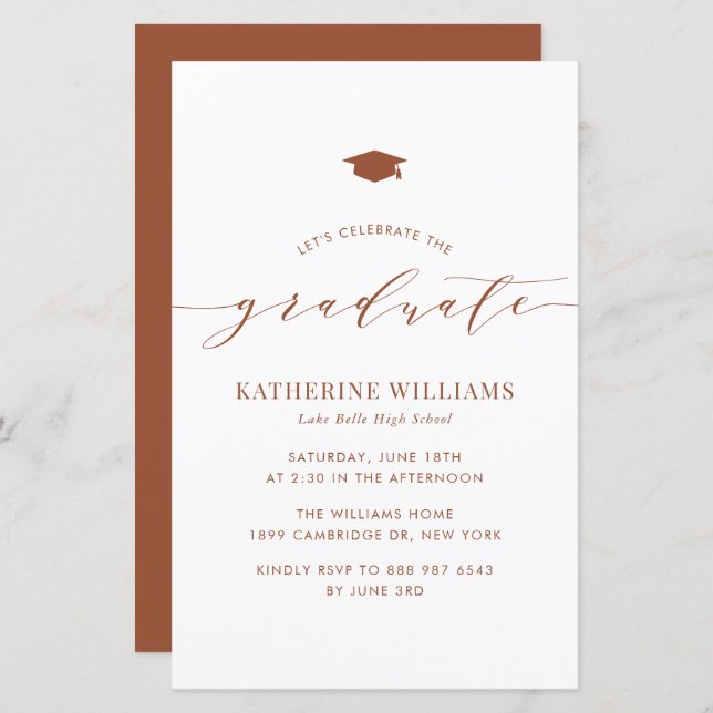 Terracotta Minimalist Script Graduation Invitation (Front/Back)