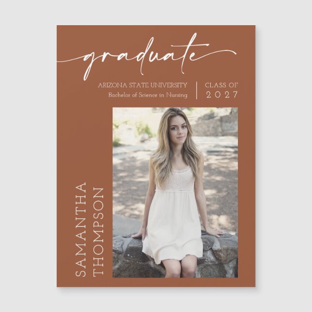 Terracotta Minimalist Script Photo Graduate Magnet (Front)