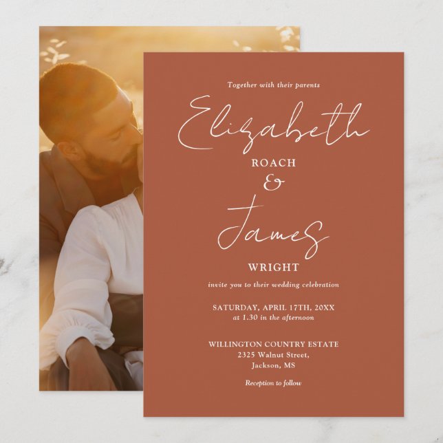 Terracotta Minimalist  Script Photo Wedding Invitation (Front/Back)