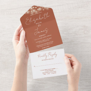 Terracotta Minimalist Script String Lights Wedding All In One Invitation