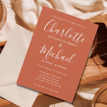 Terracotta Minimalist Script Wedding Invitation<br><div class="desc">Featuring signature style names,  this elegant wedding invitation can be personalised with your information in chic white lettering on a terracotta background. You can customise the background colour to match your wedding theme. Designed by Thisisnotme©</div>