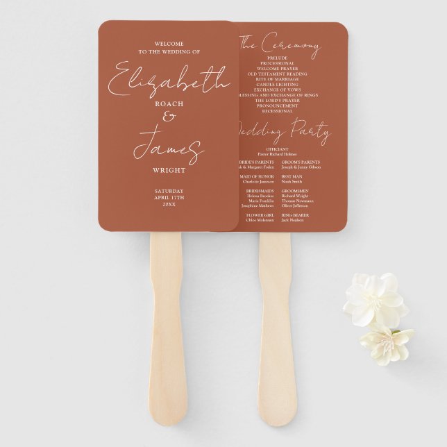 Terracotta Minimalist Script Wedding Program Hand Fan (Front and Back)