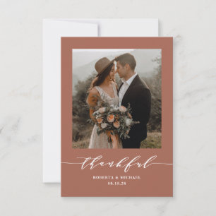 Terracotta Minimalist Thankful Script Wedding Thank You Card