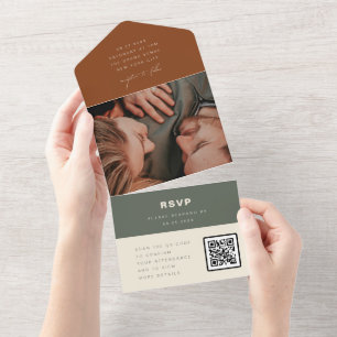 Terracotta Minimalist Wedding Photo QR Code RSVP All In One Invitation