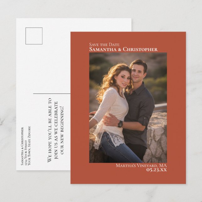 Terracotta Minimalist Wedding Photo Save The Date Announcement Postcard (Front/Back)