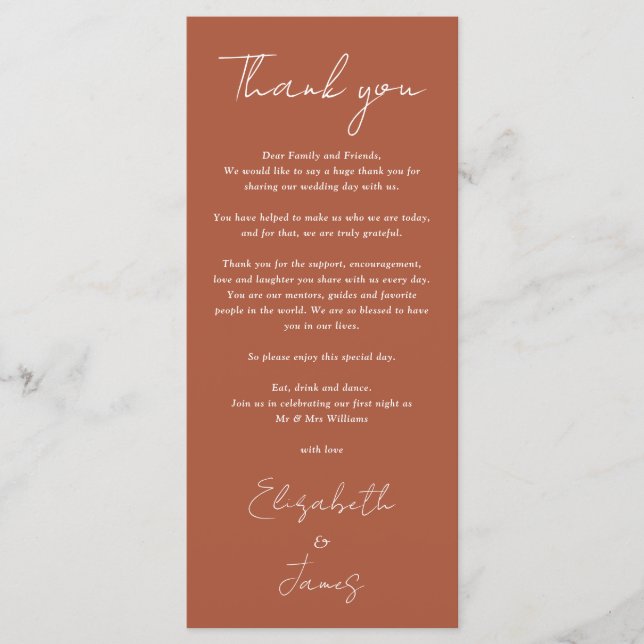 Terracotta Minimalist Wedding Thank You Place Card (Front)