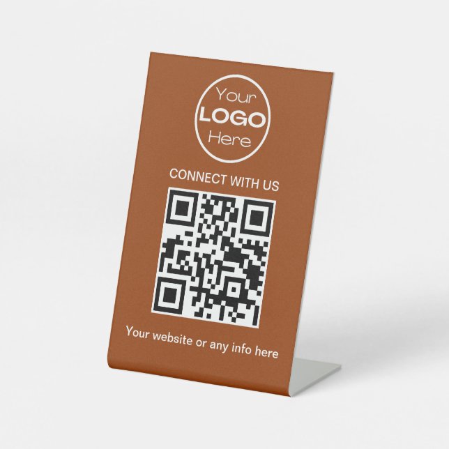 Terracotta Minimalistic Business Logo and QR Code  Pedestal Sign (Front)