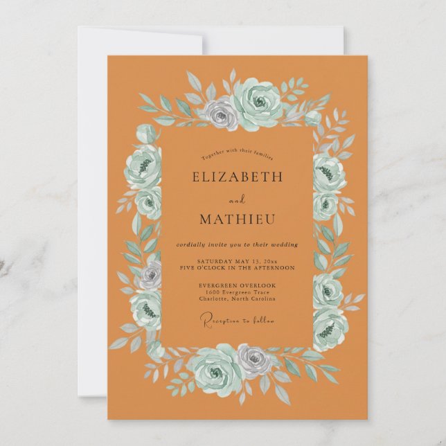 Terracotta Mint Wreath Wedding Invitation (Front)