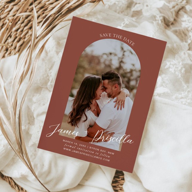 Terracotta modern arch photo wedding invitation (Creator Uploaded)