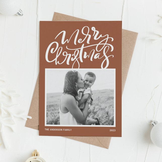 Terracotta Modern Calligraphy Photo Christmas Holiday Card (Creator Uploaded)