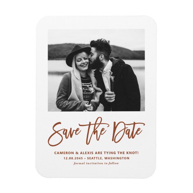 Terracotta Modern Calligraphy Photo Save the Date Magnet (Vertical)