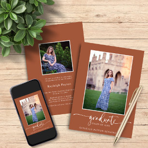 Terracotta Modern Elegant Script Graduation Photo Announcement