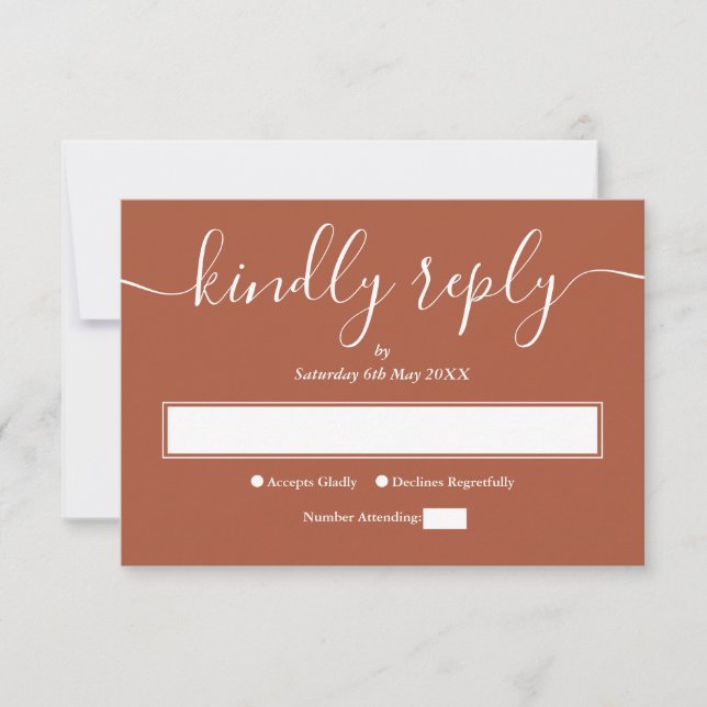 Terracotta Modern Elegant Script Wedding RSVP Card (Front)