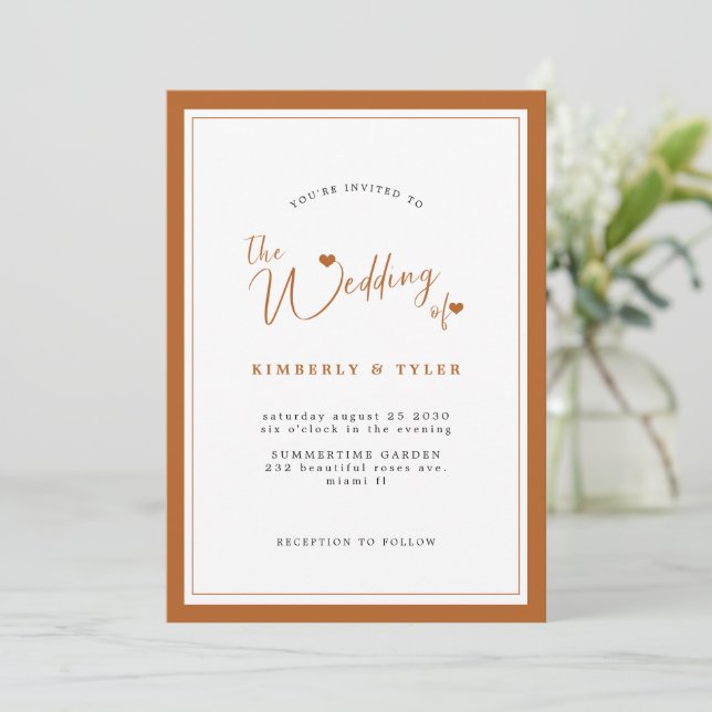 Terracotta modern elegant simple script wedding invitation (Standing Front)