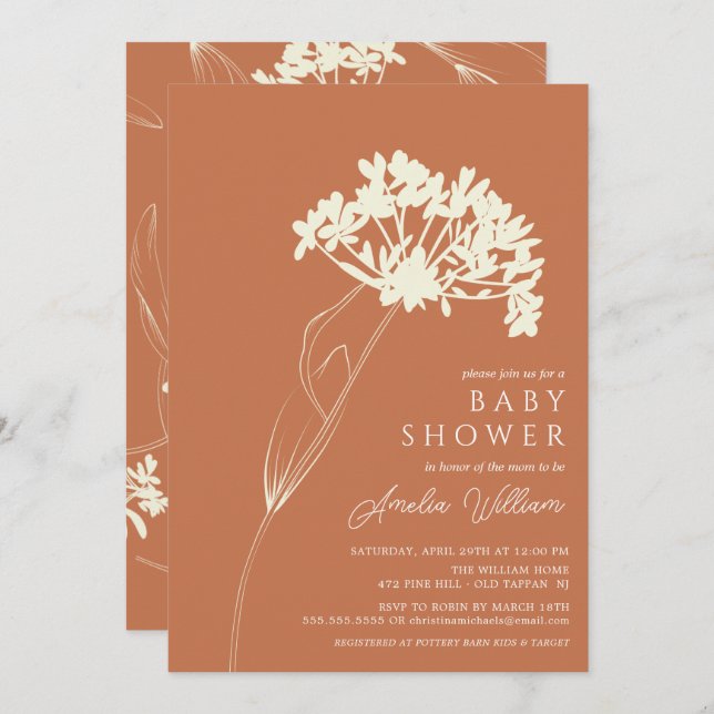 Terracotta Modern Floral Baby Shower Invitation (Front/Back)