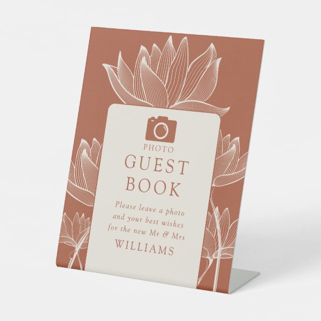 Terracotta Modern Floral Photo Guest Book Pedestal Sign (Front)