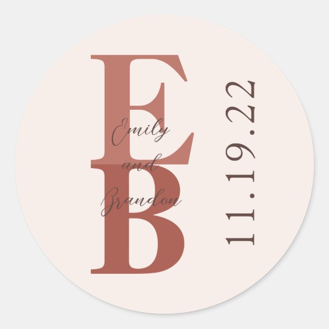 Terracotta Modern Large Initial Custom Wedding Classic Round Sticker (Front)