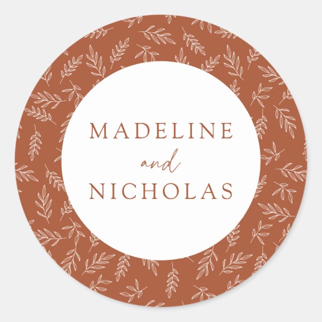 Terracotta Modern Minimalist Botanical Wedding Classic Round Sticker (Front)
