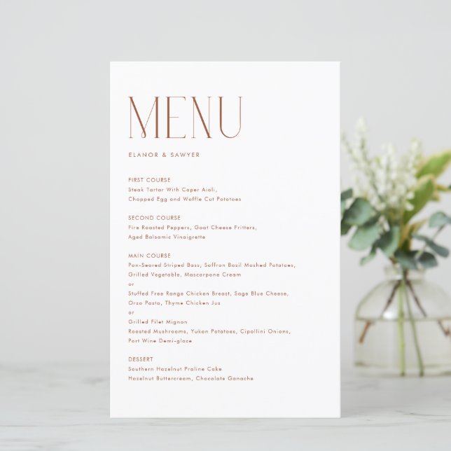 Terracotta Modern Minimalist Typography Menu Card (Standing Front)