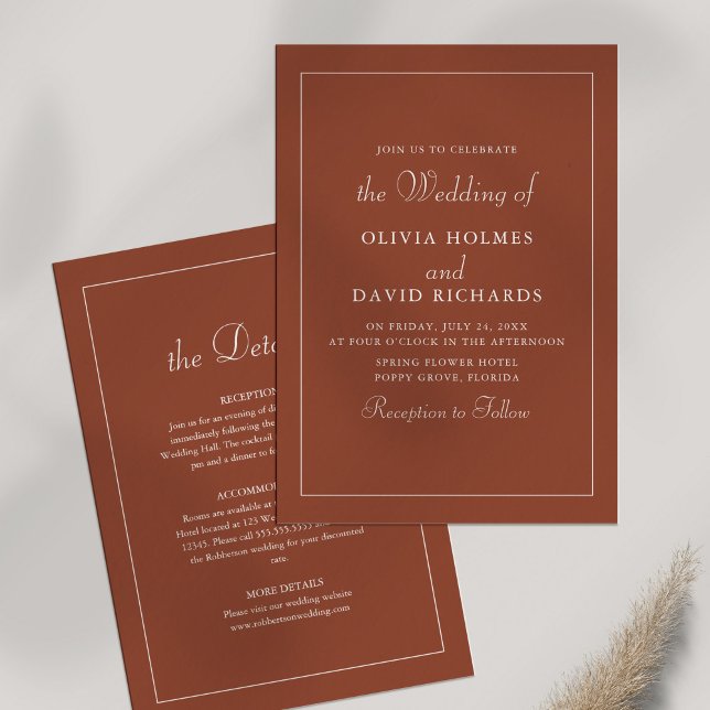 Terracotta Modern Minimalist Wedding Details Invitation (Terracotta Modern Minimalist Wedding Details Invitation on white background.)
