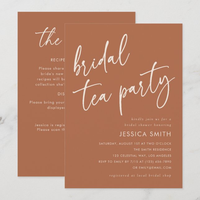 Terracotta Modern QR Code Bridal Tea Party Shower Invitation (Front/Back)