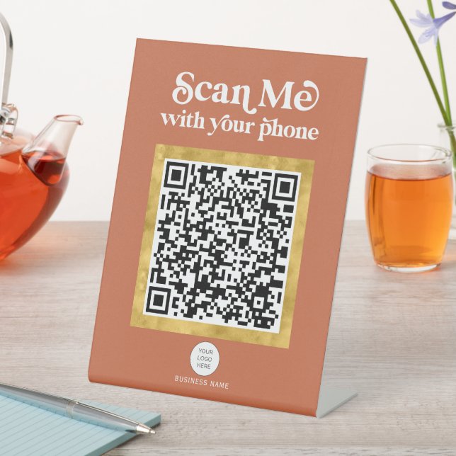 Terracotta modern QR code business sign with logo (In SItu)