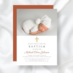 Terracotta Modern Religious Cross Photo Baptism Invitation