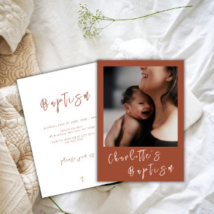 Terracotta Modern Script Baby Photo Baptism Invitation