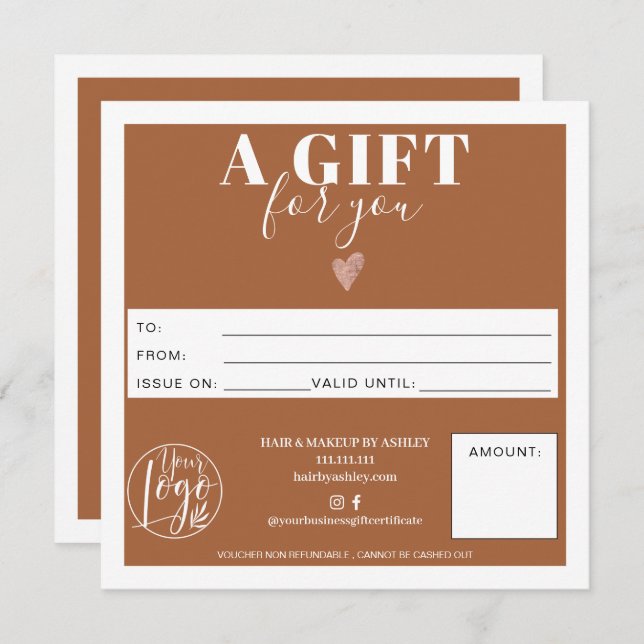 Terracotta modern square gift certificate logo (Front/Back)