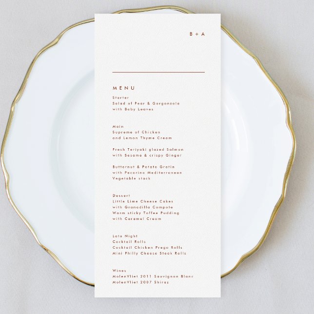 Terracotta Modern White Monogram Wedding Menu (Creator Uploaded)
