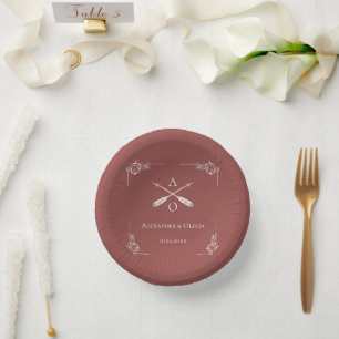 Terracotta Monogram and Arrows Wedding Paper Plate