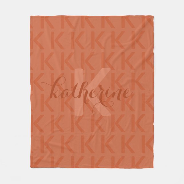 Terracotta Monogram Pattern Script Name Fleece Blanket (Front)