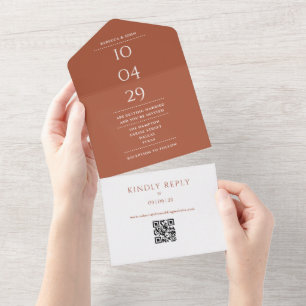 Terracotta Monogram QR Code Wedding Date All In One Invitation